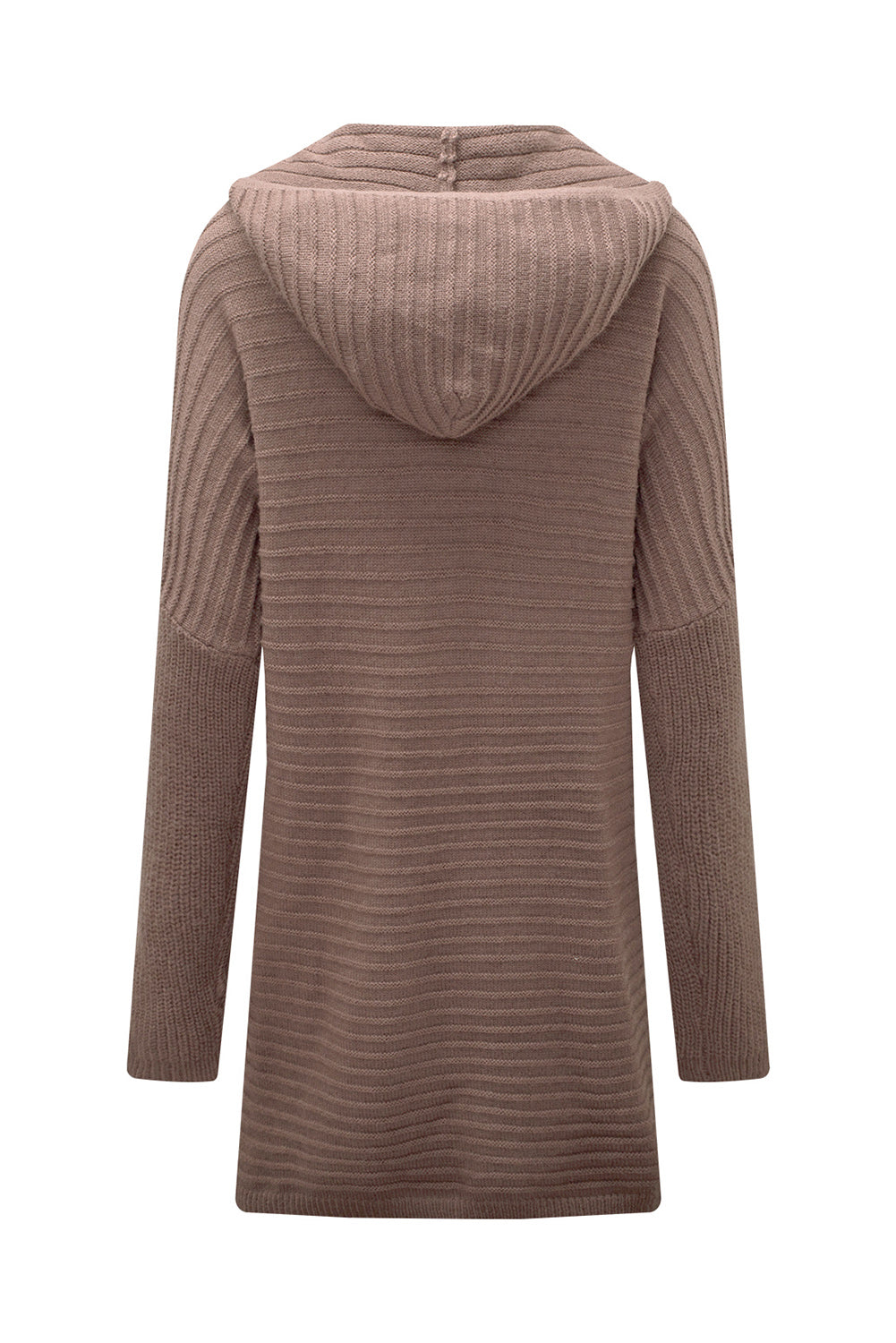 Gray Horizontal Rib Knitted Open Front Hooded Cardigan