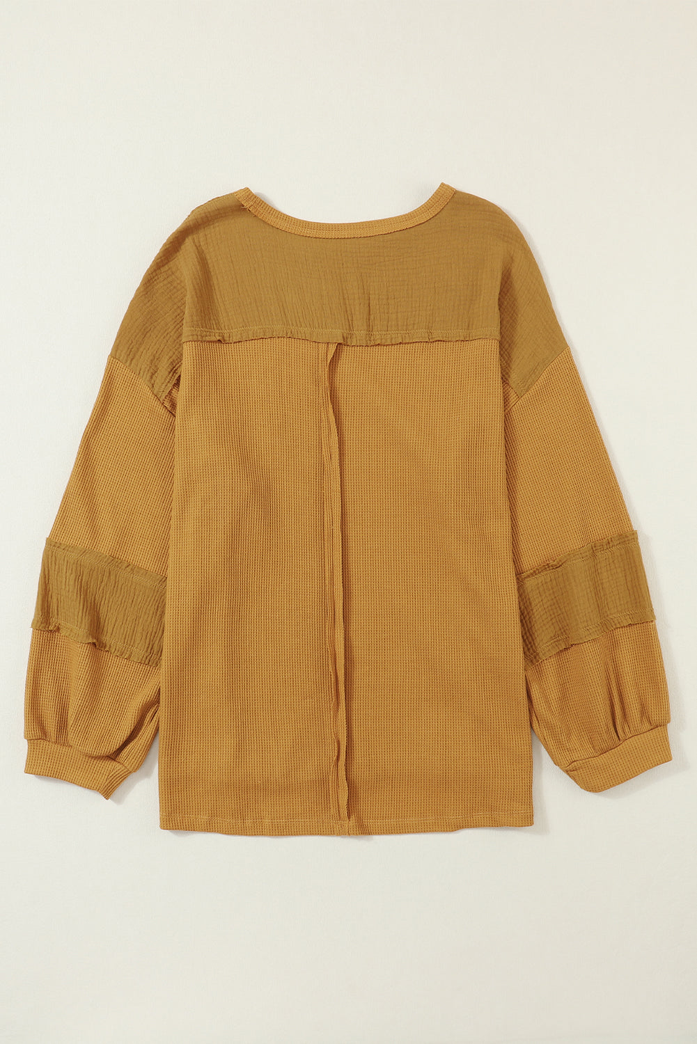 Pink Exposed Seam Patchwork Bubble Sleeve Waffle Knit Top