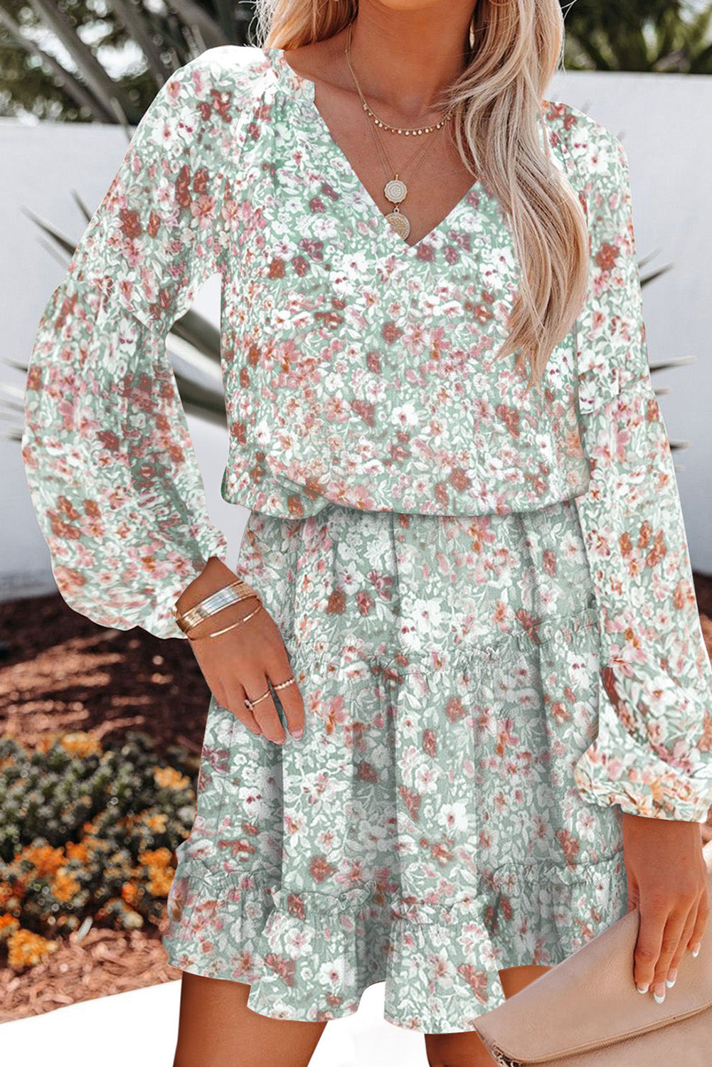 Green V Neck Puff Sleeves Floral Tunic Dress