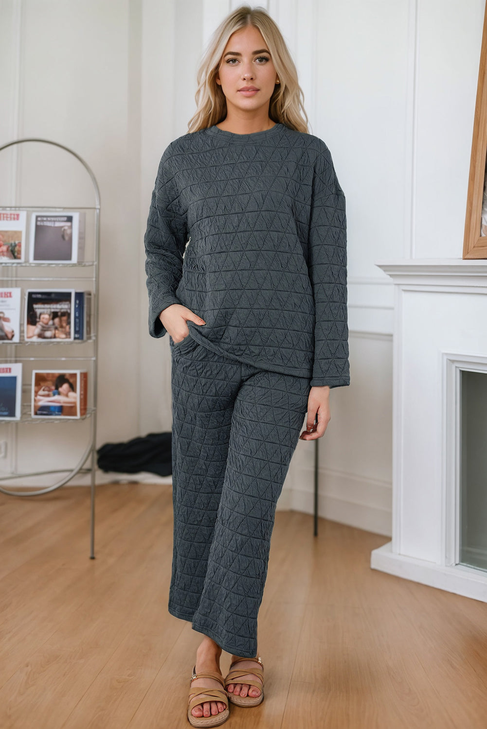 Black Solid Quilted Pullover and Pants Outfit