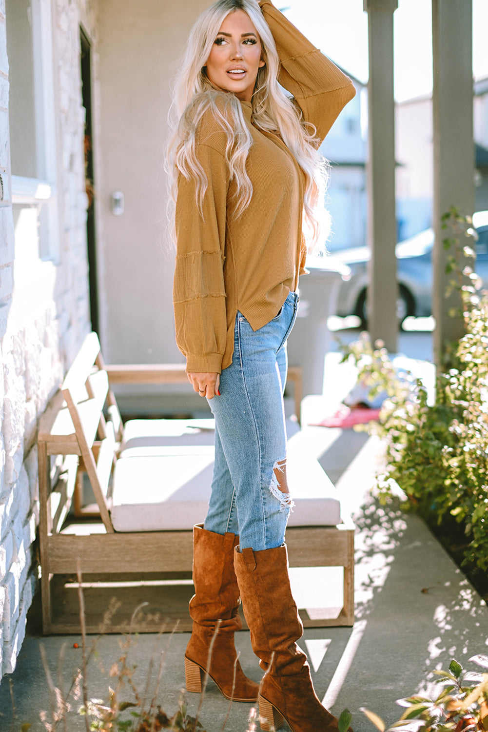 Pink Exposed Seam Patchwork Bubble Sleeve Waffle Knit Top