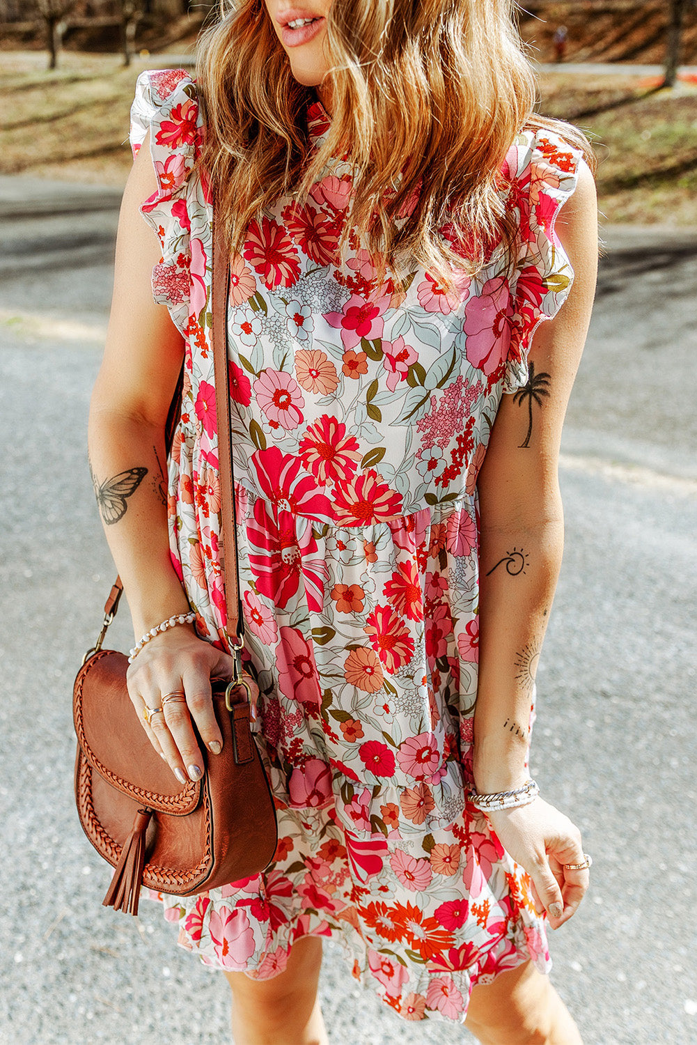Purple White Ruffled Tank Floral Dress