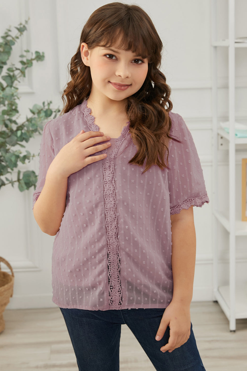 Sky Blue Swiss Dot Lace Short Sleeve Girls Top
