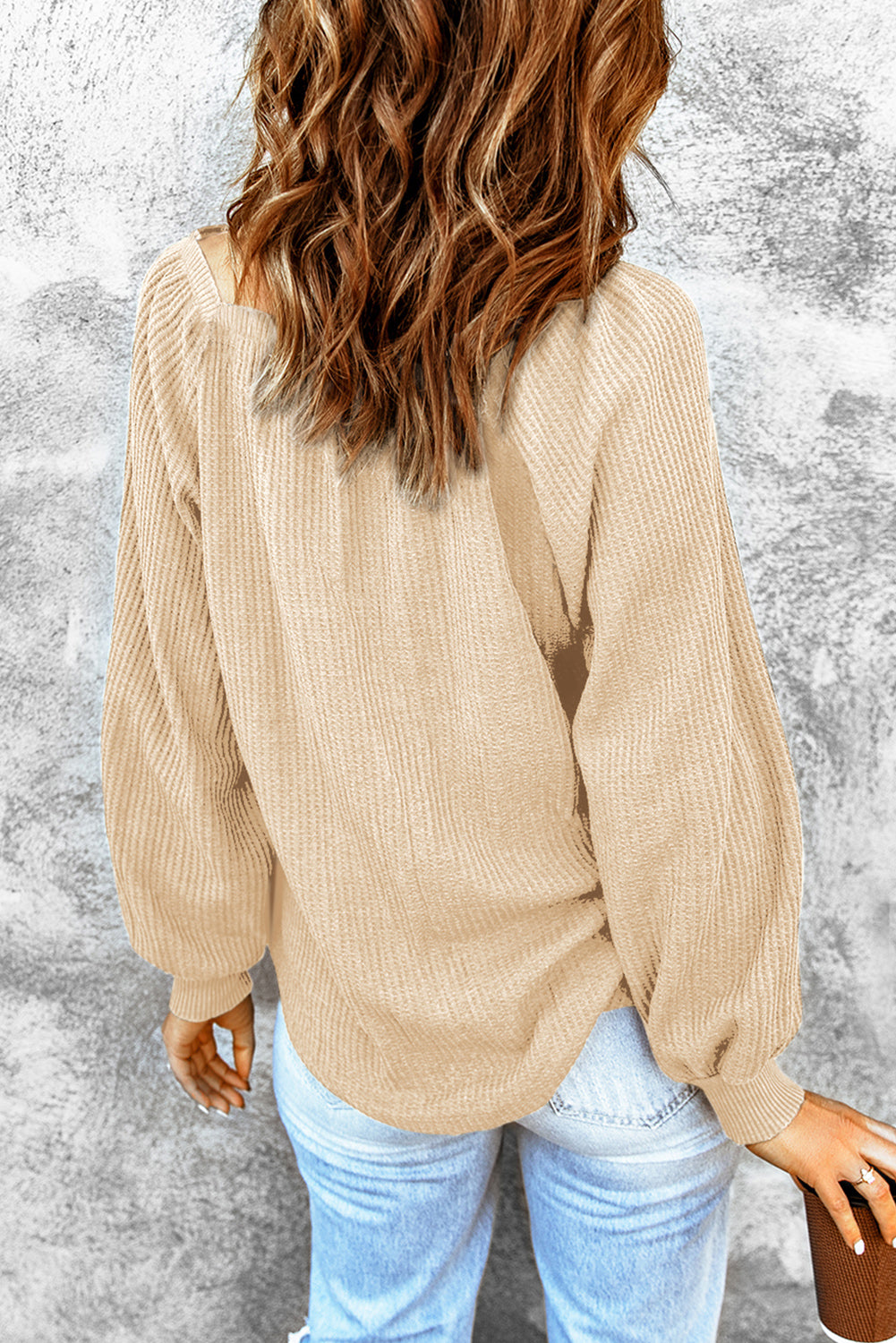 Brown Scoop Neck Puff Sleeve Waffle Knit Top