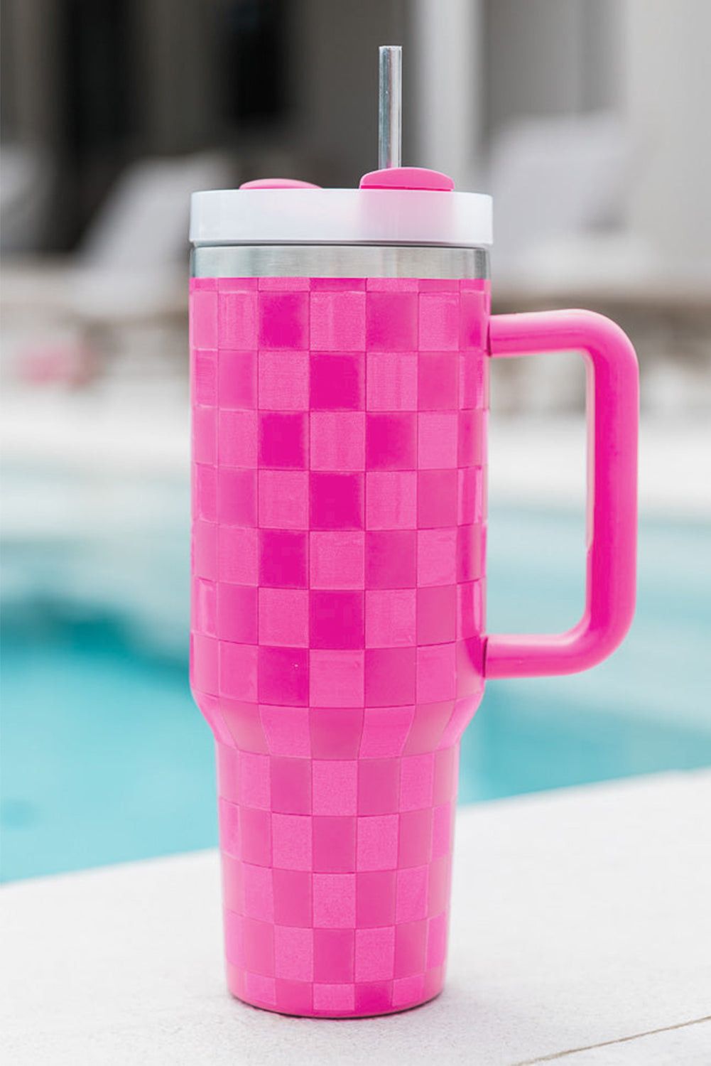 Ginger Checkered Print Handled Stainless Steel Tumbler Cup 40oz