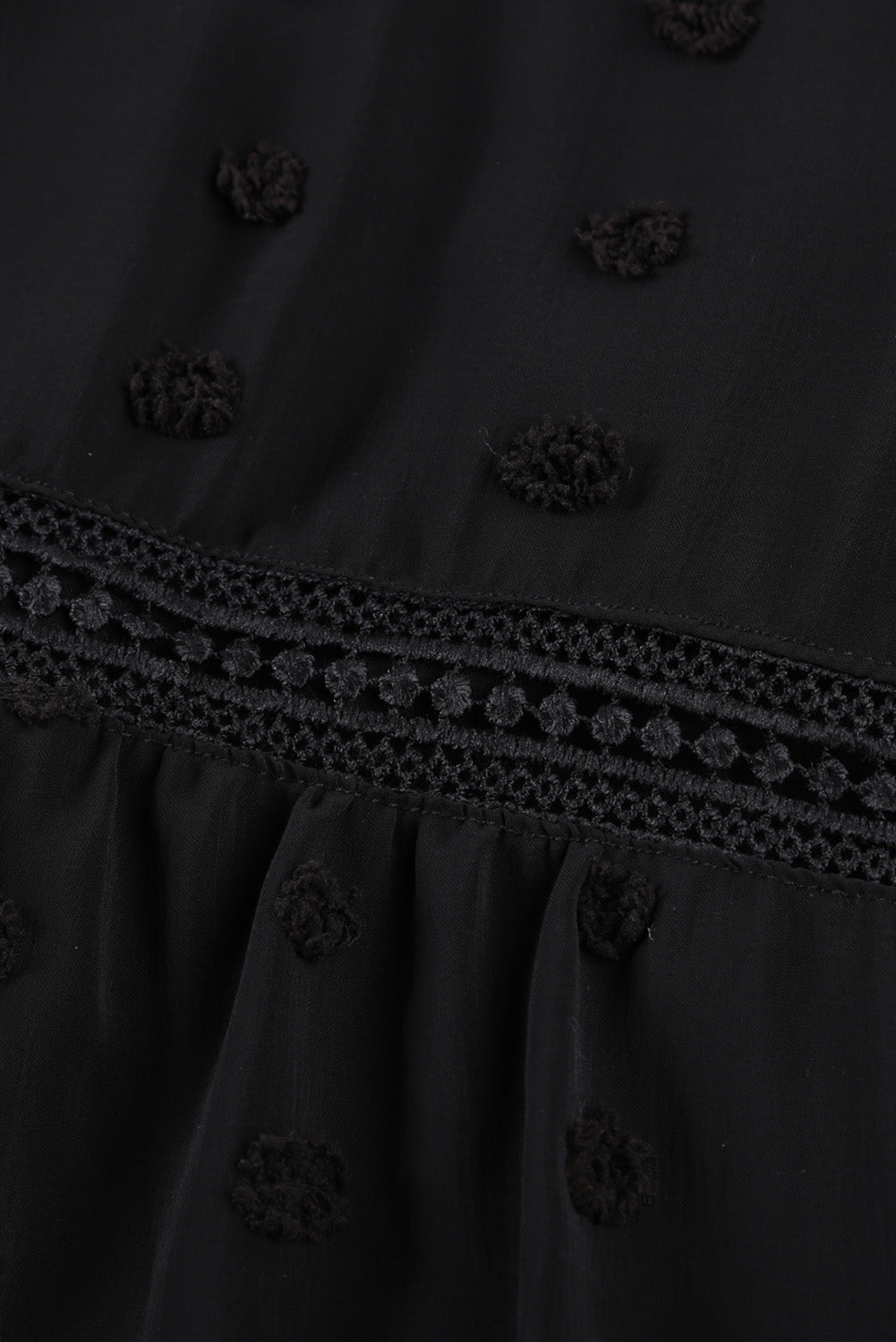 Black Swiss Dot Split Neck Ruffle Babydoll Blouse