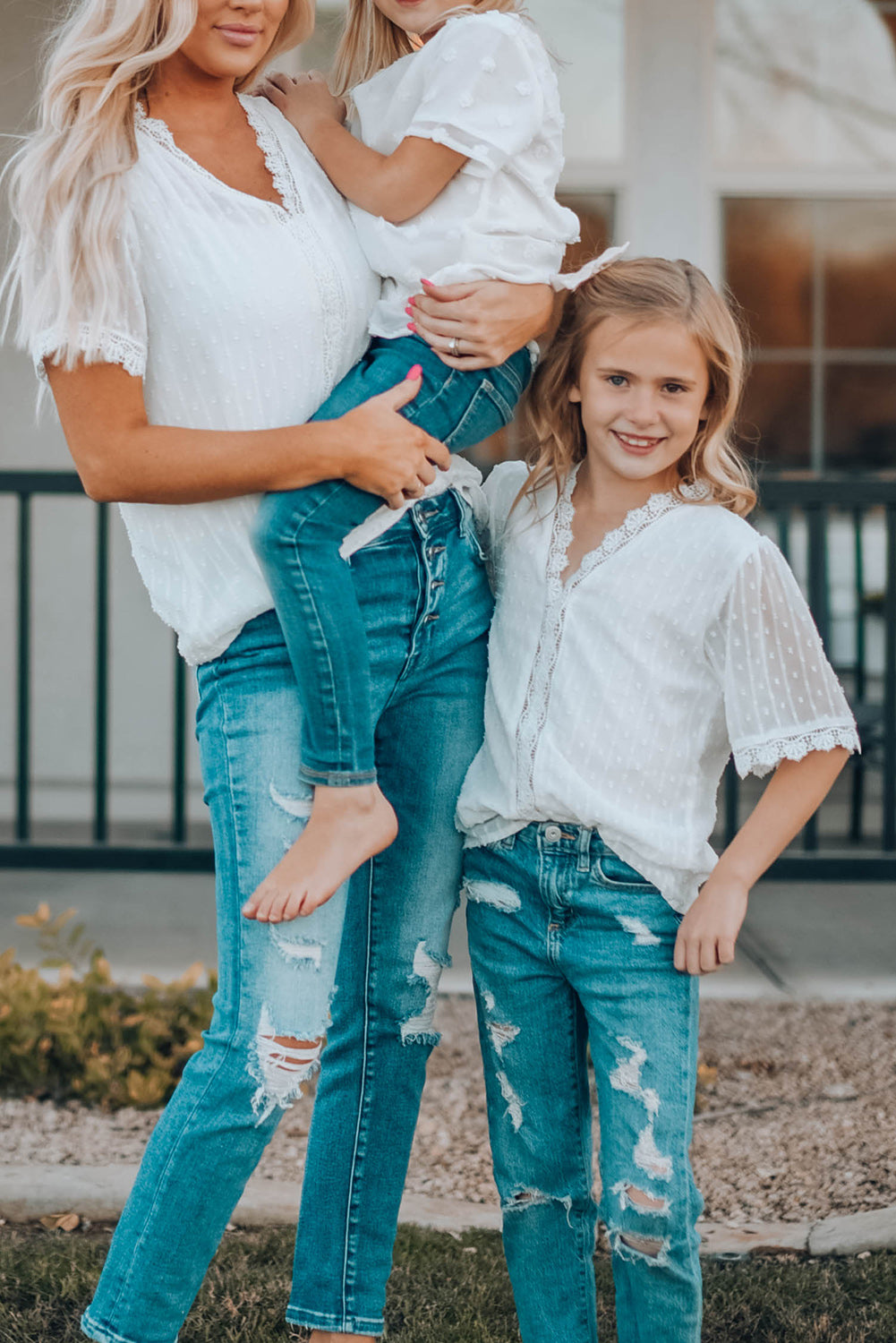 Sky Blue Swiss Dot Lace Short Sleeve Girls Top