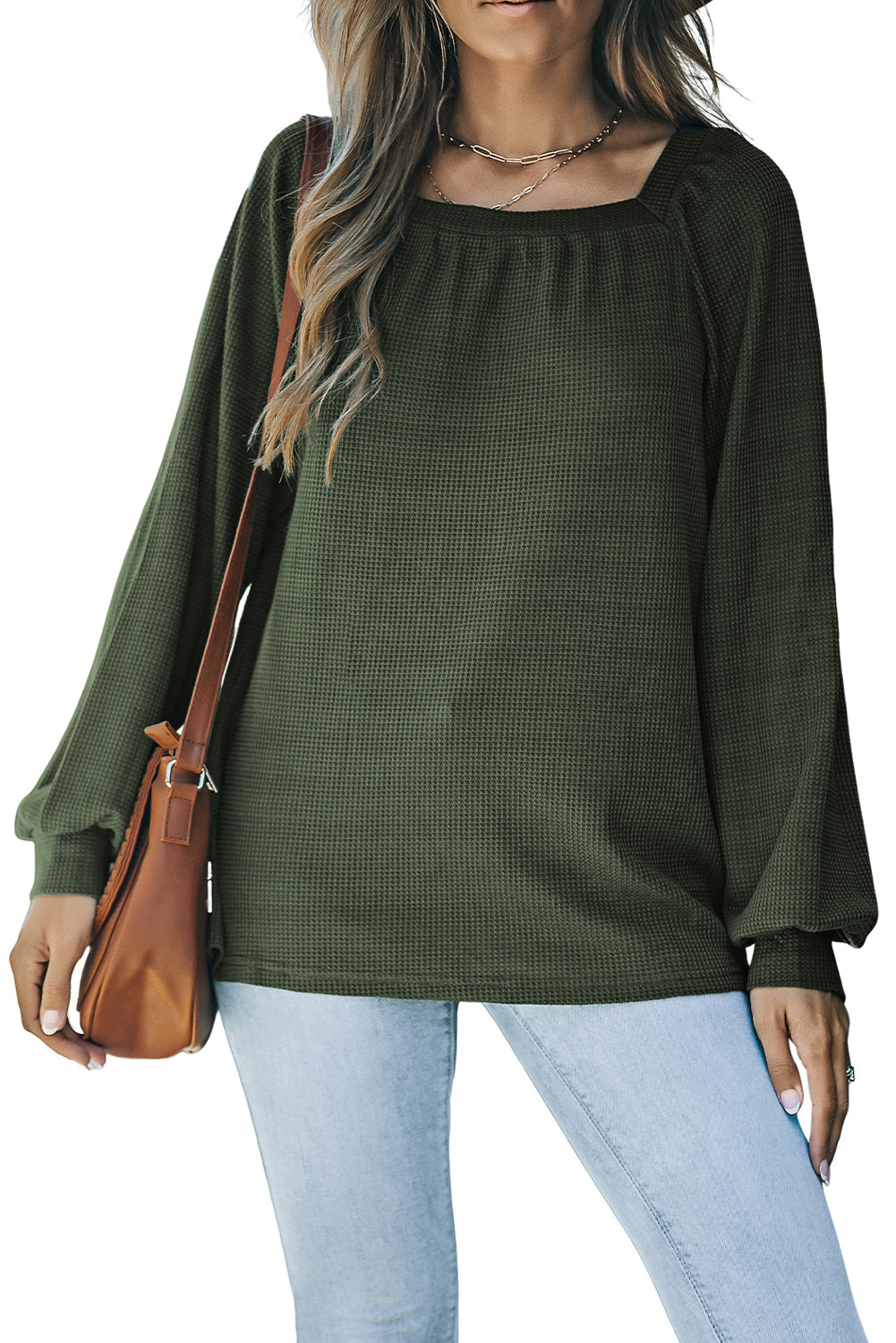 Brown Scoop Neck Puff Sleeve Waffle Knit Top