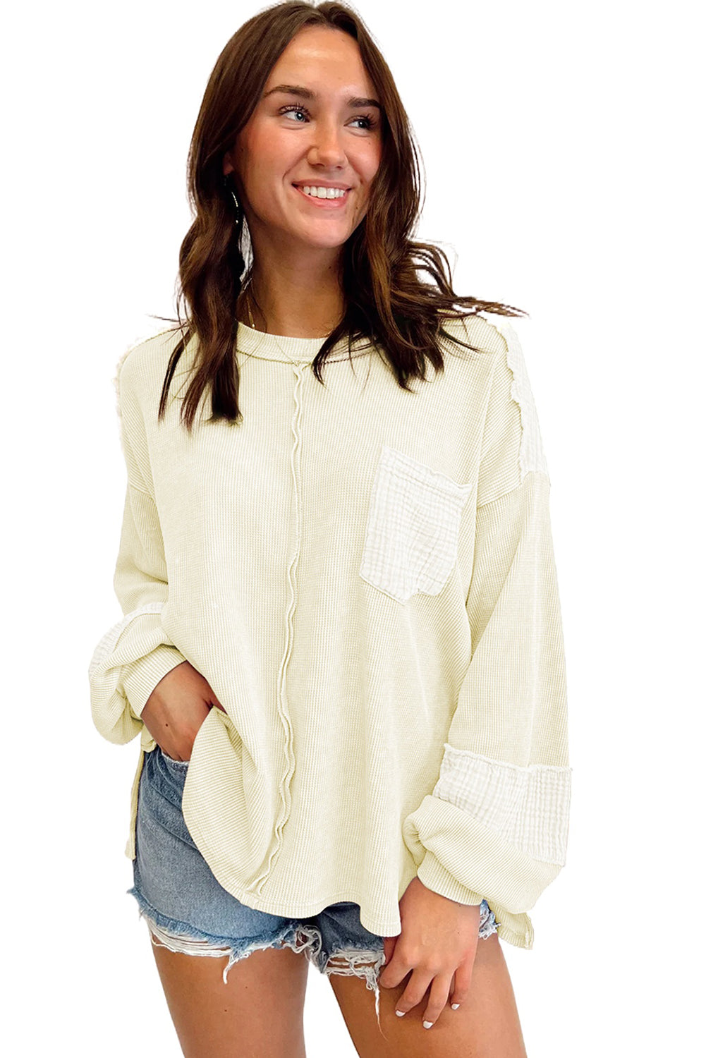 Pink Exposed Seam Patchwork Bubble Sleeve Waffle Knit Top