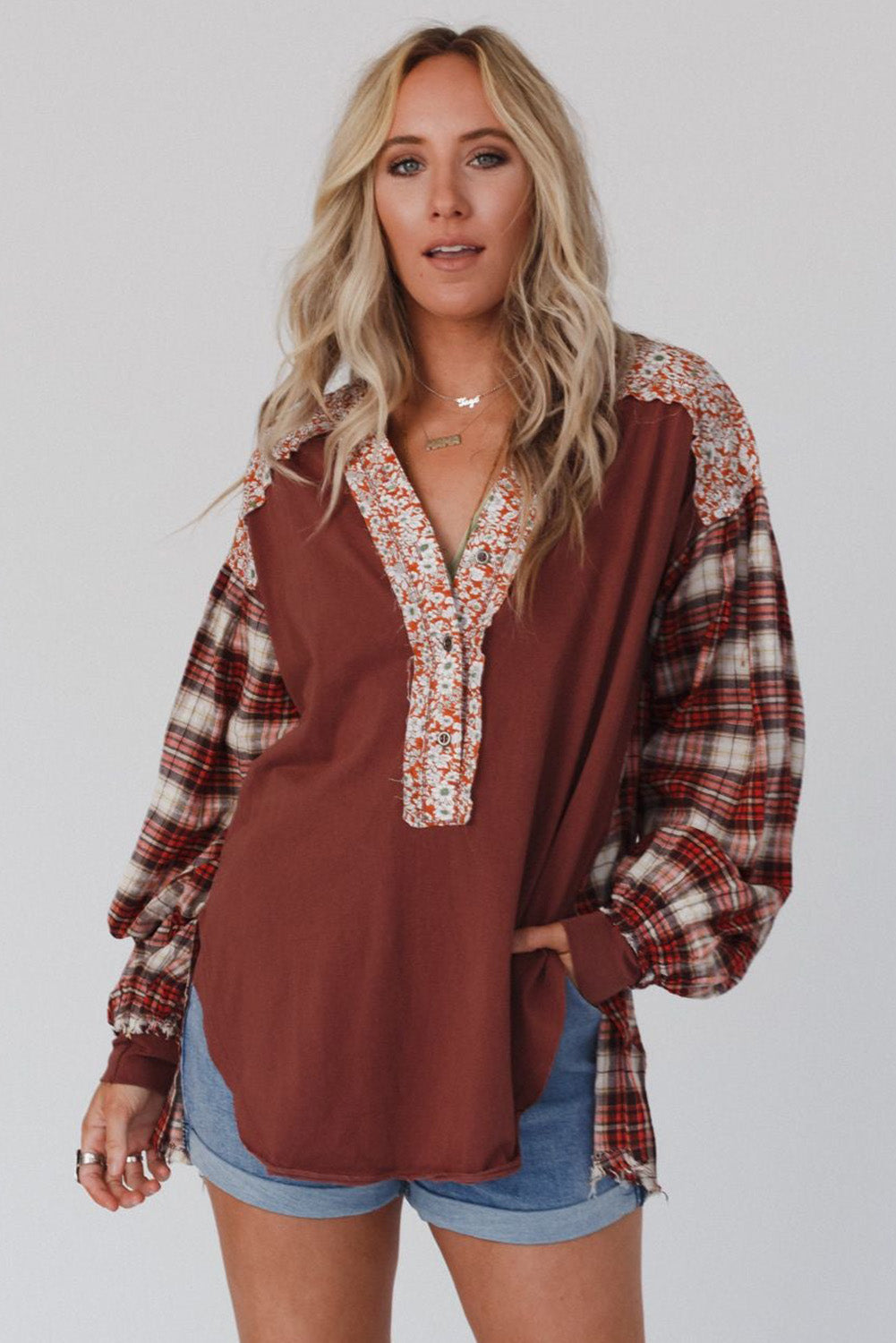 Yellow Floral Plaid Mixed Print Bishop Sleeve Patchwork Top