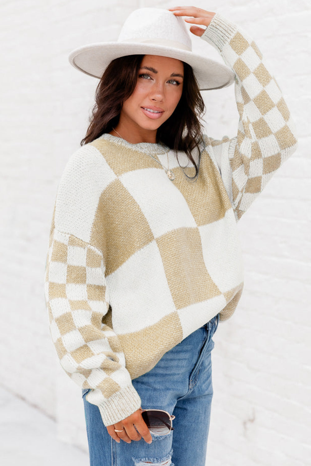 Black Checkered Print Drop Shoulder Sweater