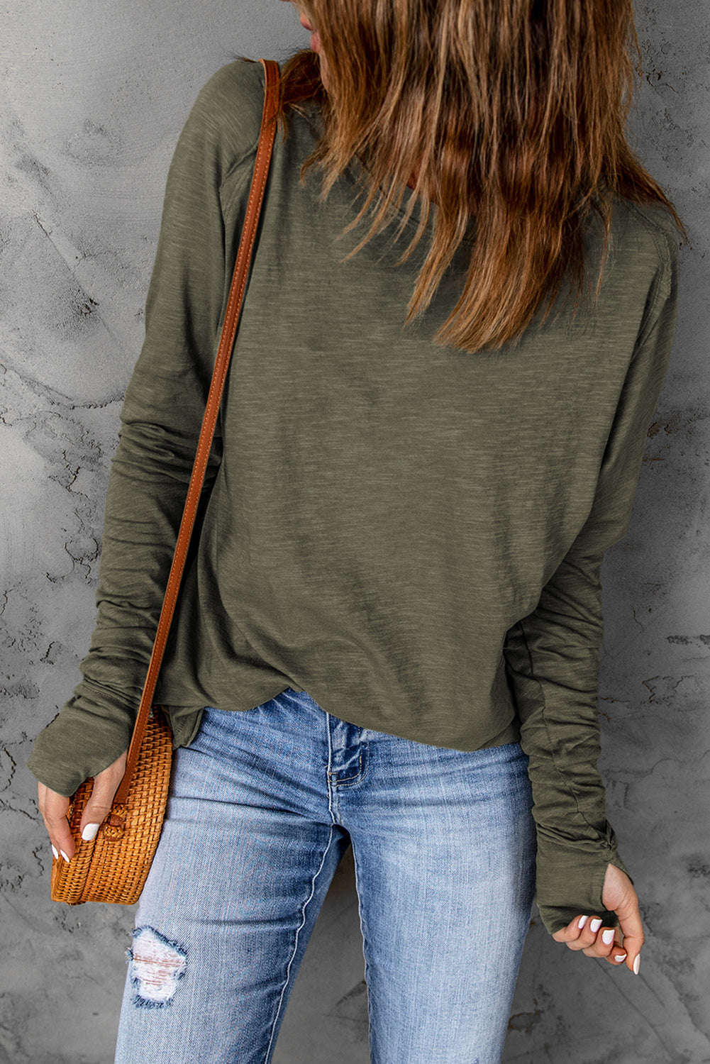 Red Solid Crew Neck Long Sleeve Top