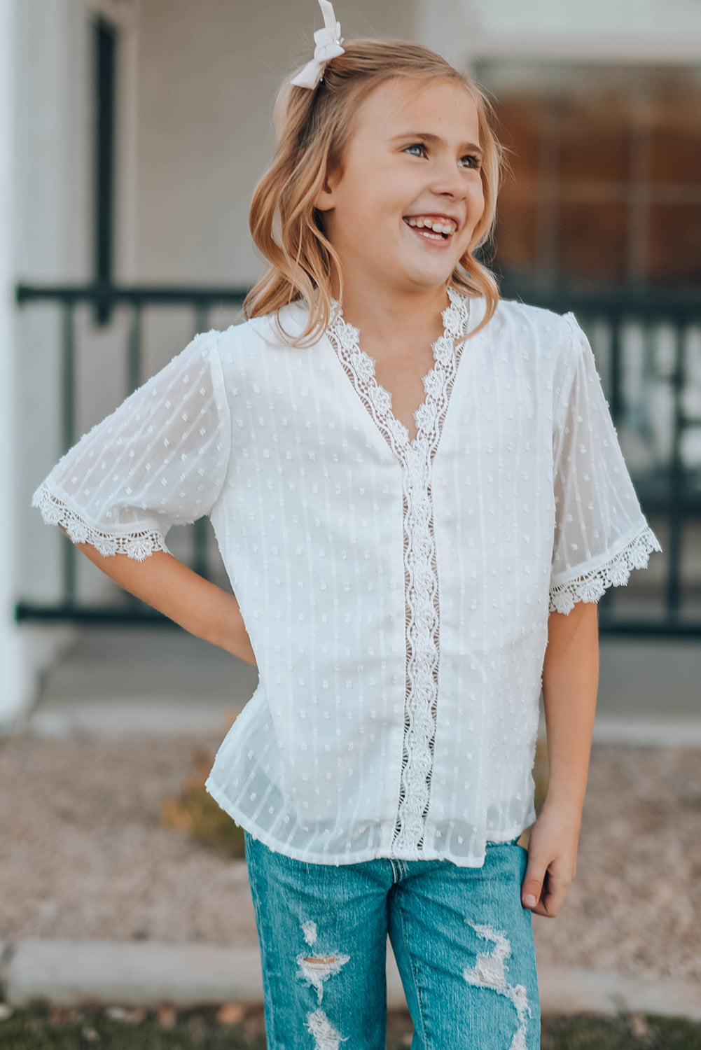 Sky Blue Swiss Dot Lace Short Sleeve Girls Top