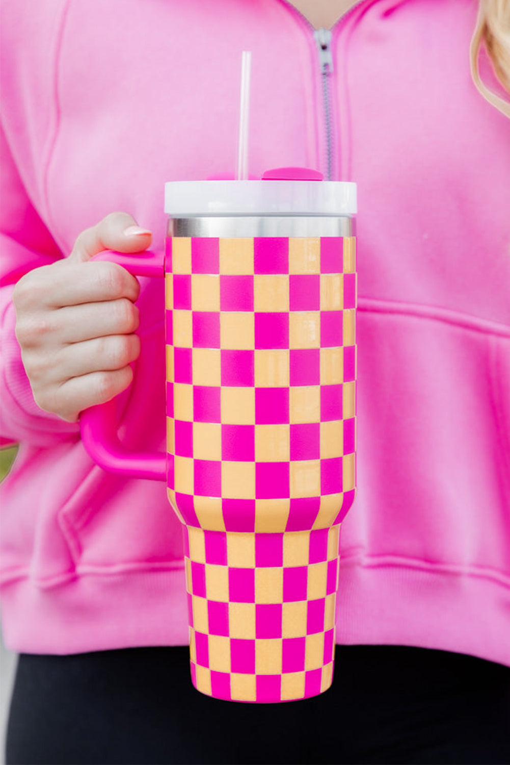 Ginger Checkered Print Handled Stainless Steel Tumbler Cup 40oz