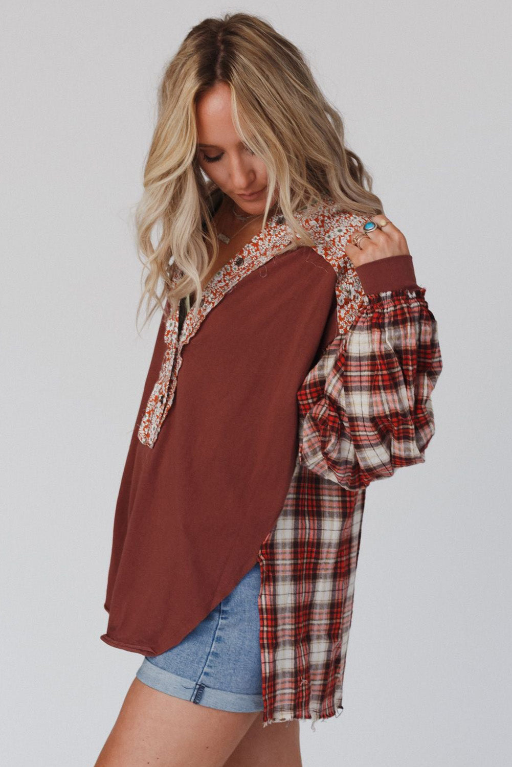 Yellow Floral Plaid Mixed Print Bishop Sleeve Patchwork Top