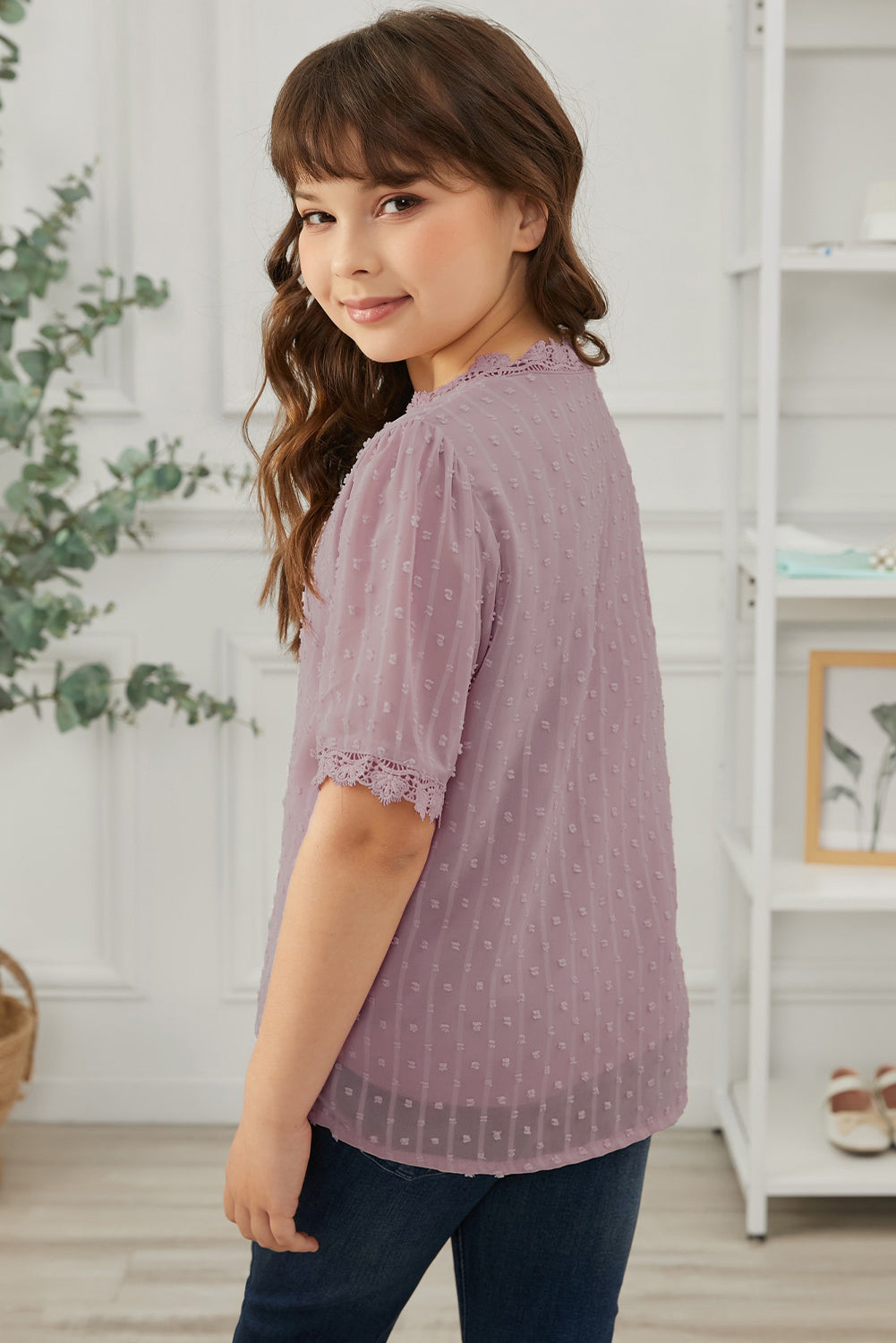 Sky Blue Swiss Dot Lace Short Sleeve Girls Top