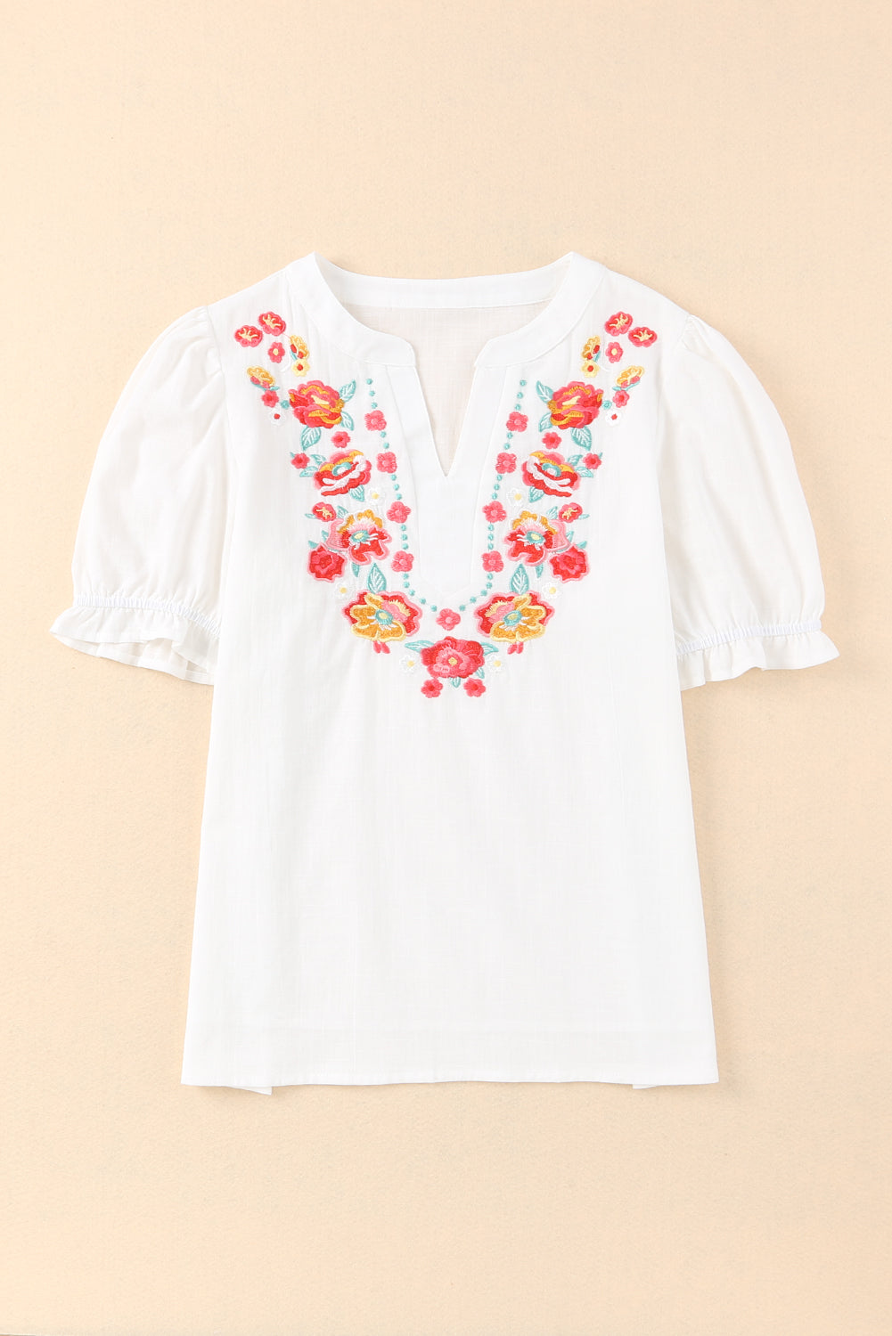 Black Floral Embroidered Ruffled Puff Sleeve Blouse