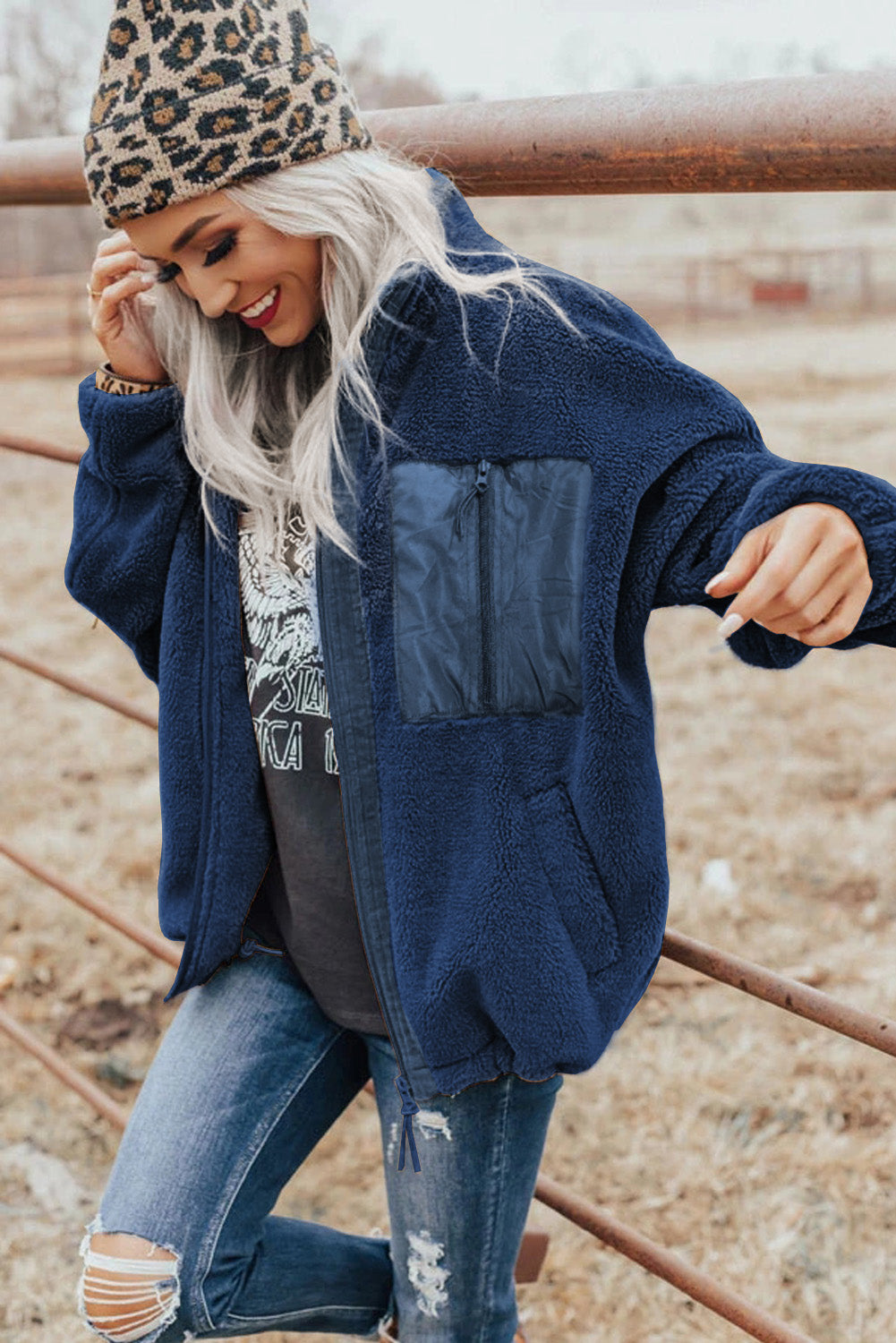 Gray Zip Up Sherpa Coat with Pocket
