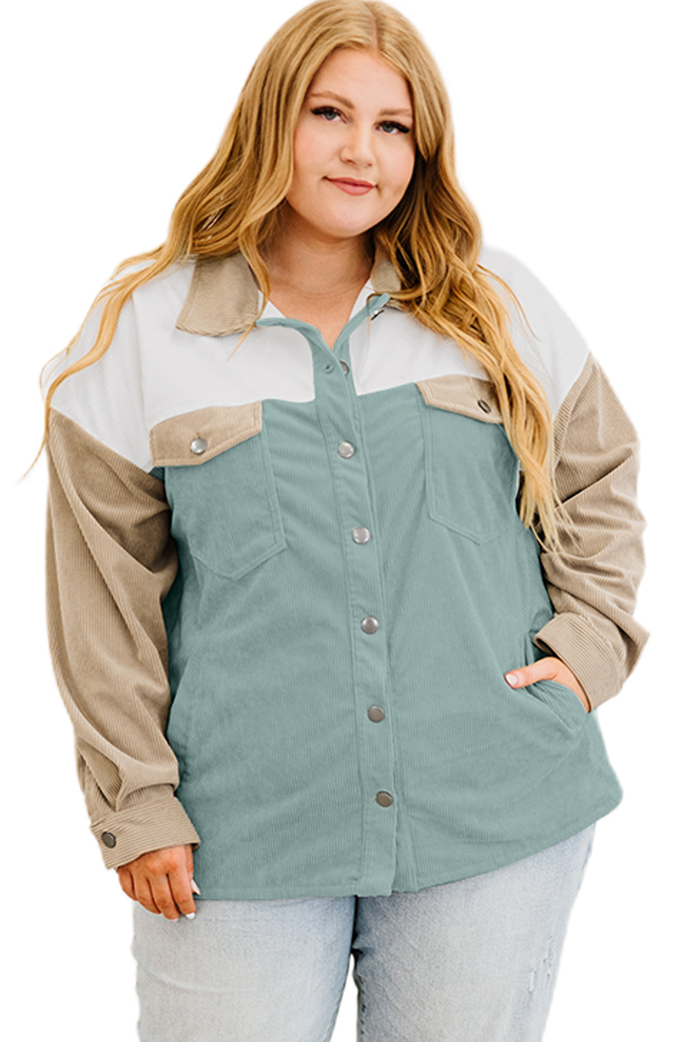 Multicolor Color Block Buttoned Pocket Corduroy Plus Size Jacket
