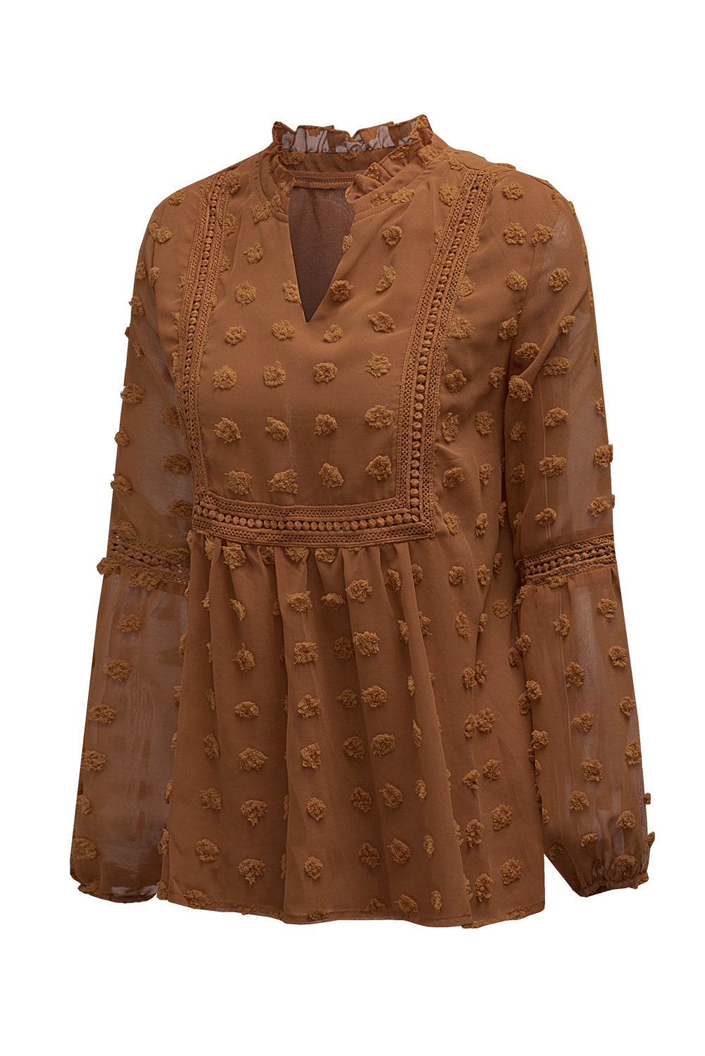 Black Swiss Dot Split Neck Ruffle Babydoll Blouse