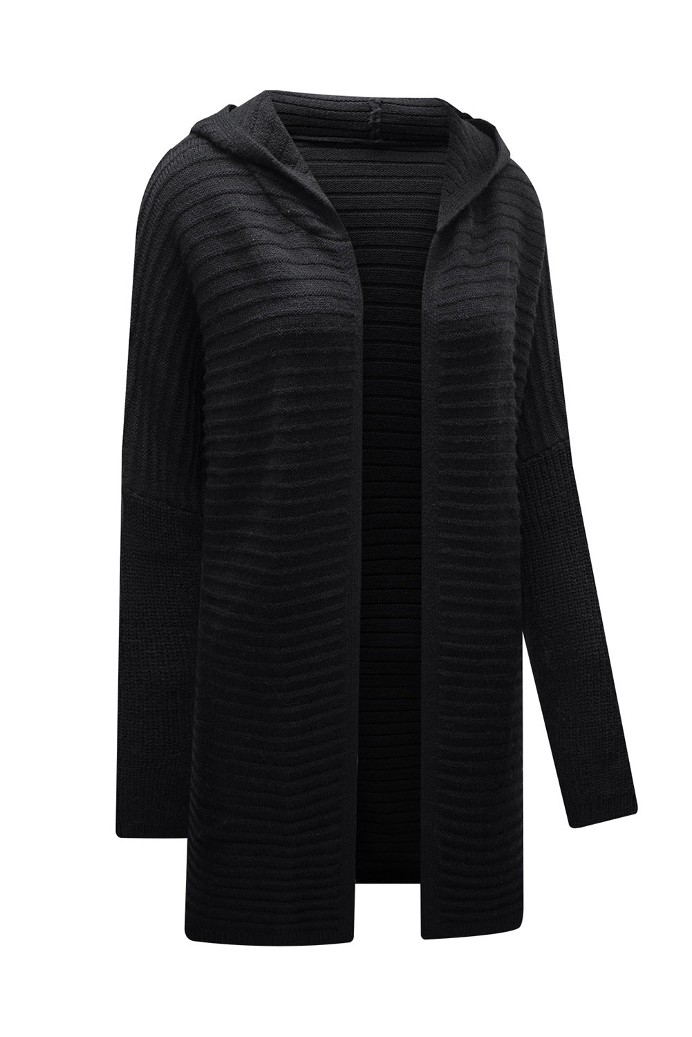 Gray Horizontal Rib Knitted Open Front Hooded Cardigan