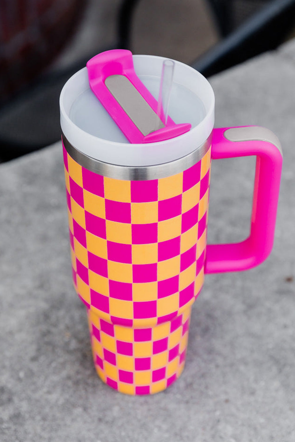 Ginger Checkered Print Handled Stainless Steel Tumbler Cup 40oz