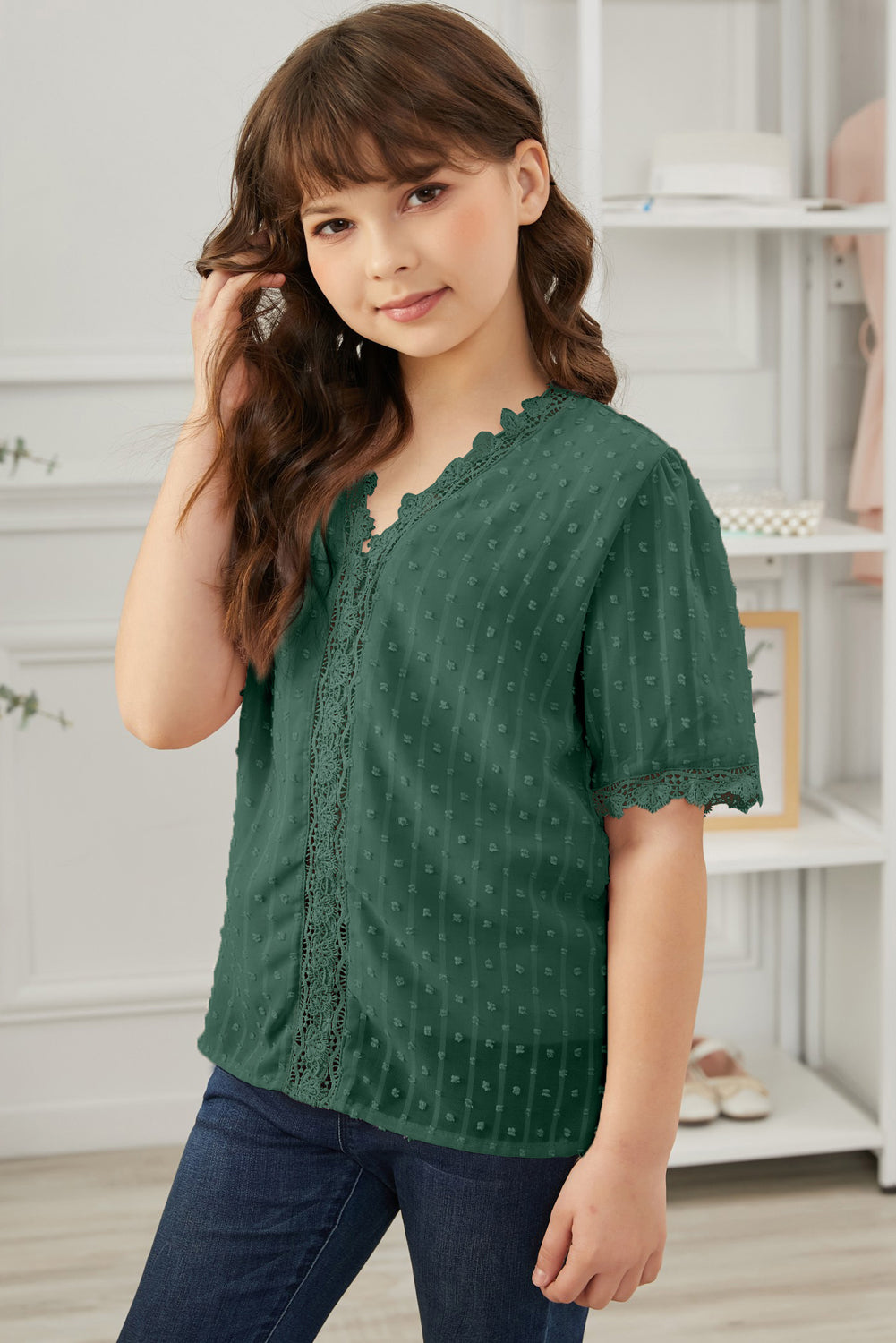 Sky Blue Swiss Dot Lace Short Sleeve Girls Top