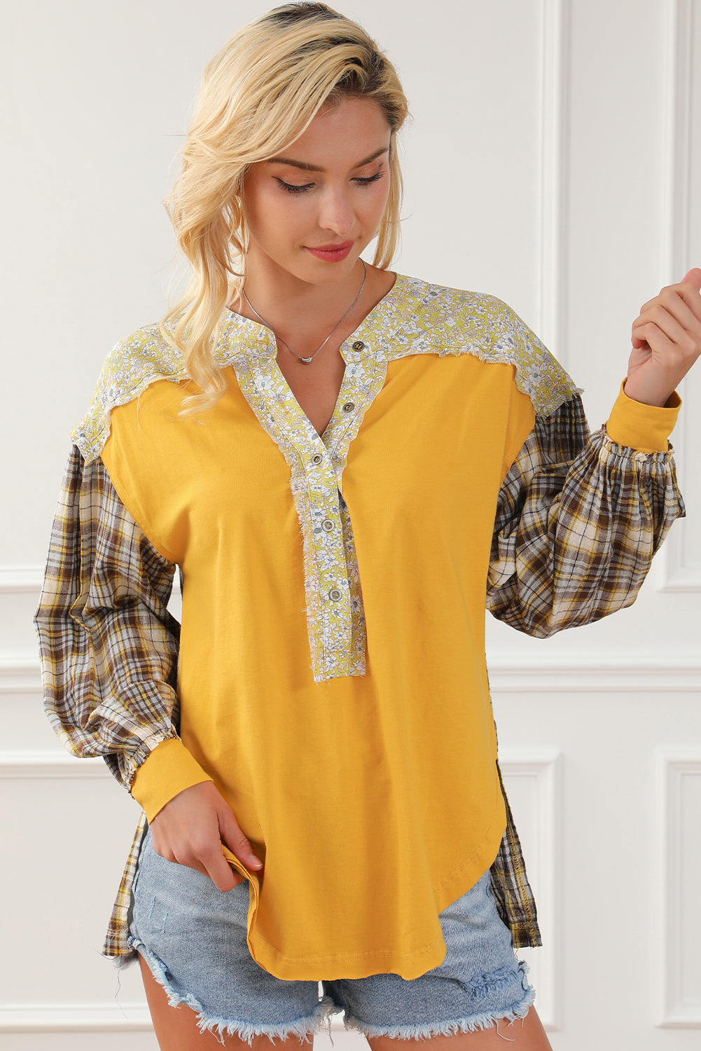 Yellow Floral Plaid Mixed Print Bishop Sleeve Patchwork Top