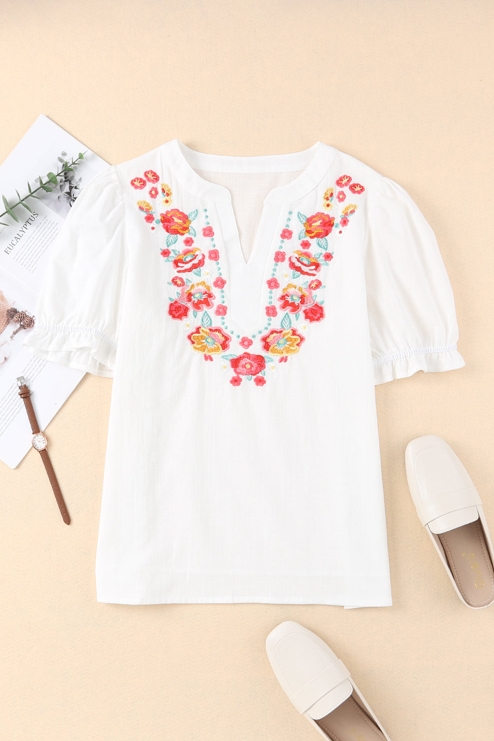 Black Floral Embroidered Ruffled Puff Sleeve Blouse