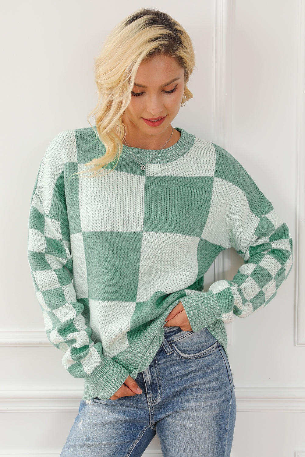 Black Checkered Print Drop Shoulder Sweater