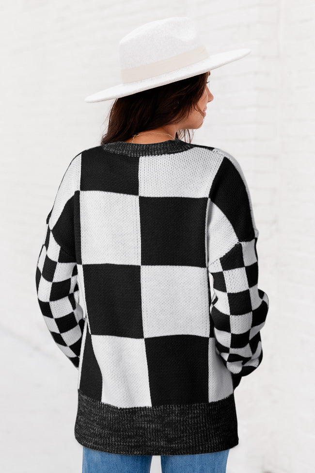 Black Checkered Print Drop Shoulder Sweater