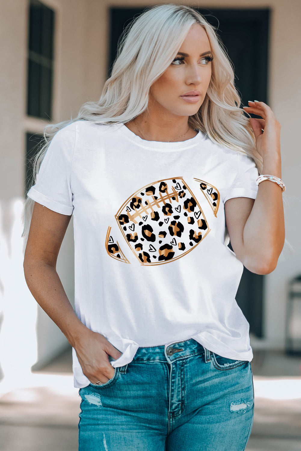 Leopard Heart Shape Rugby Print Short Sleeve T Shirt