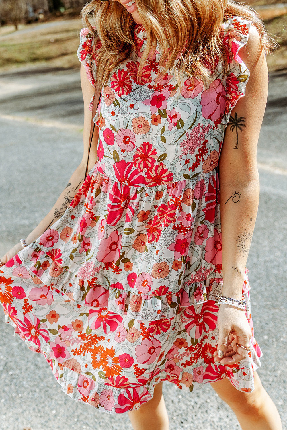 Purple White Ruffled Tank Floral Dress