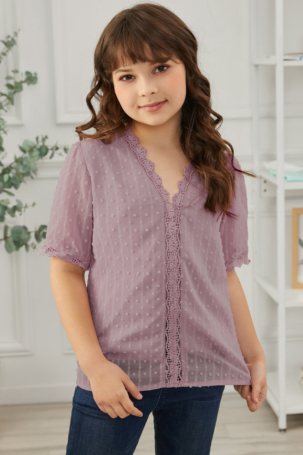 Sky Blue Swiss Dot Lace Short Sleeve Girls Top