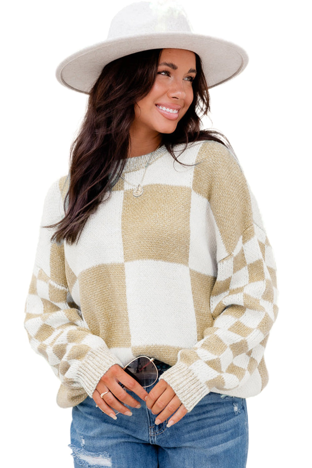 Black Checkered Print Drop Shoulder Sweater