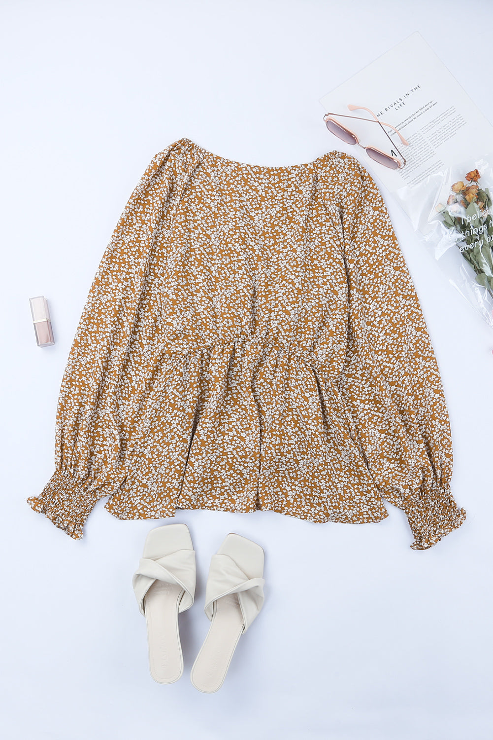 Bohemian Floral Print Front Tie Ruffled Long Sleeve Blouse