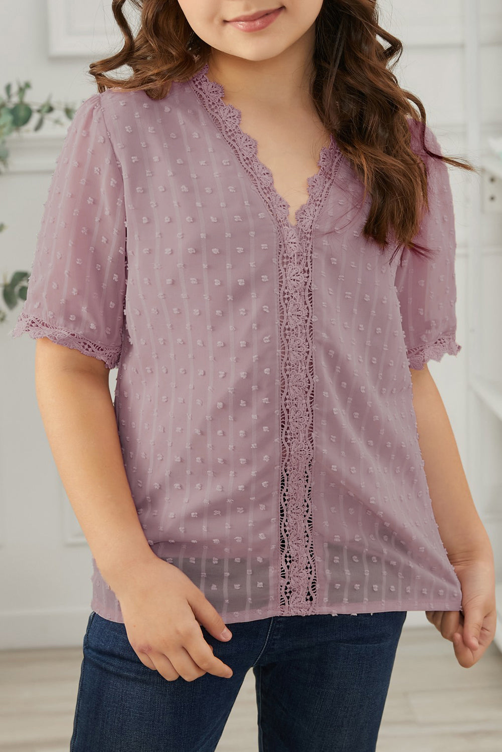 Sky Blue Swiss Dot Lace Short Sleeve Girls Top