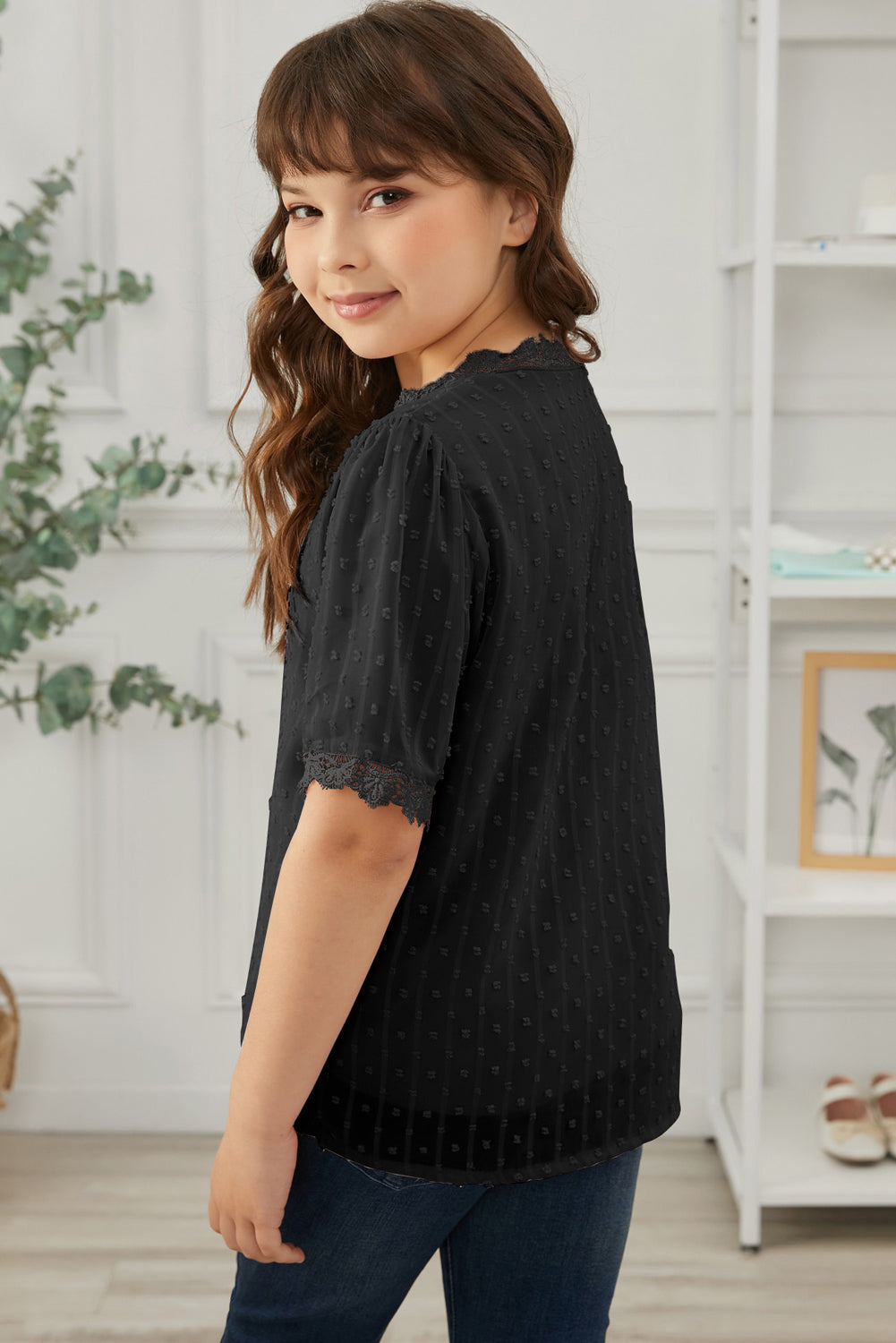 Sky Blue Swiss Dot Lace Short Sleeve Girls Top