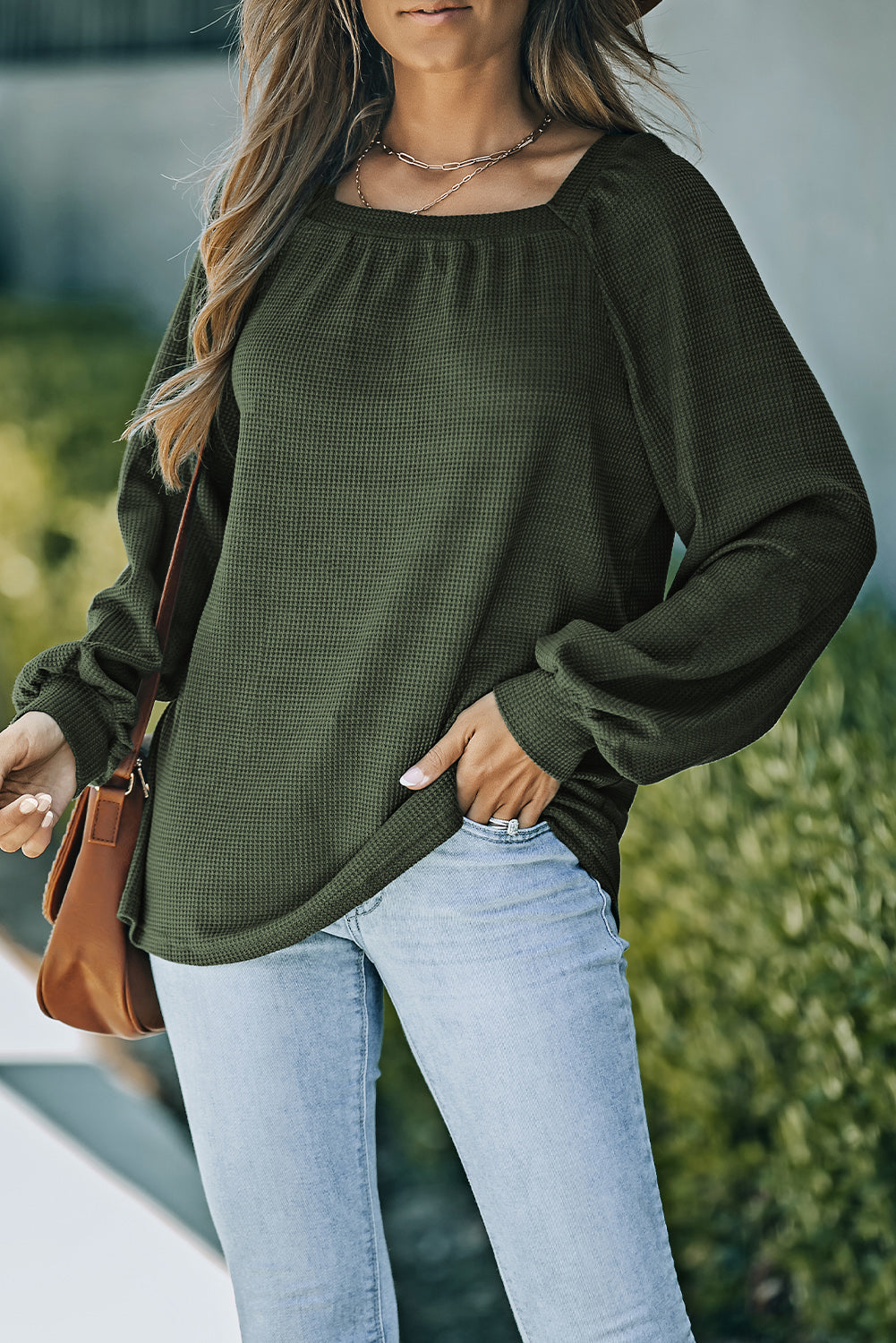 Brown Scoop Neck Puff Sleeve Waffle Knit Top