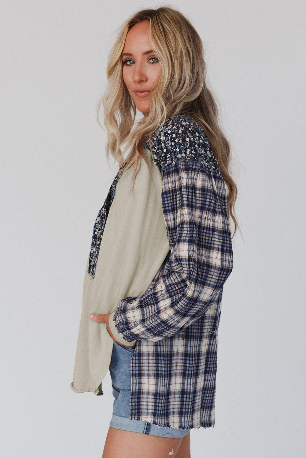 Yellow Floral Plaid Mixed Print Bishop Sleeve Patchwork Top