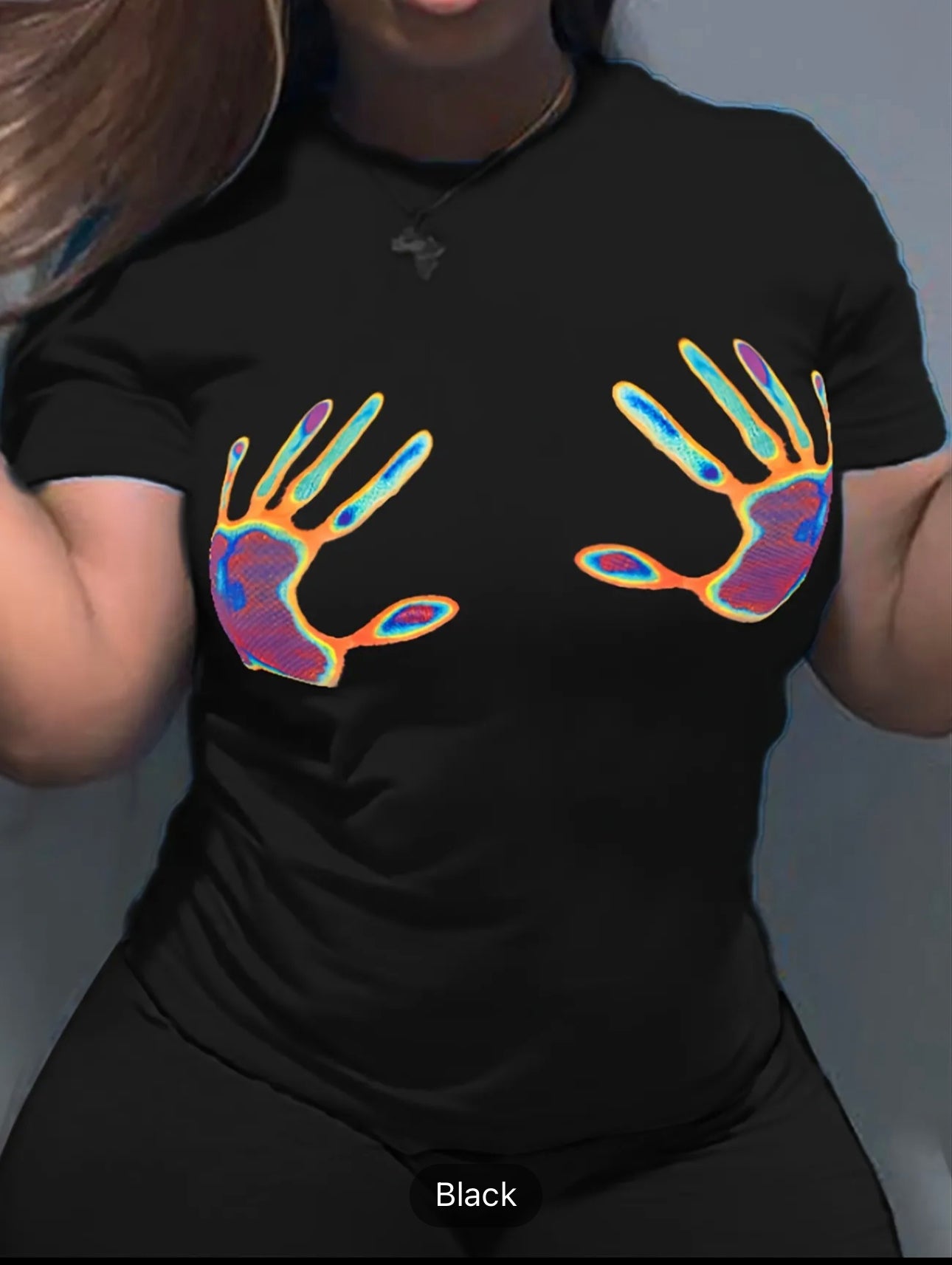 Plus Size Hand Print Short Sleeve T-shirt, Women's Plus Casual Round Neck Pullover T-shirt