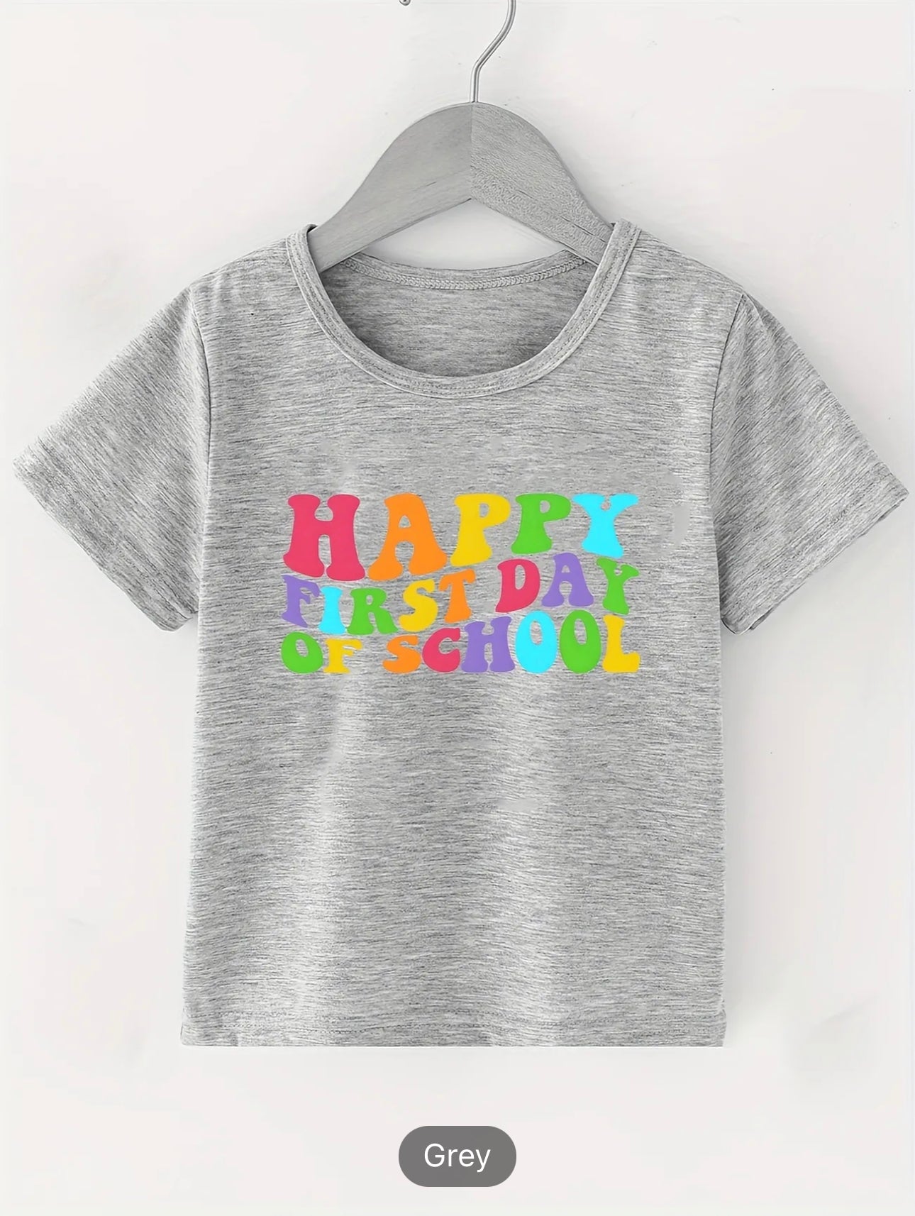 Rainbow Happy First Day Of School Letter Print Boys Creative T-shirt, Casual Lightweight Comfy Short Sleeve Crew Neck Tee Tops, Kids Clothings For Summer