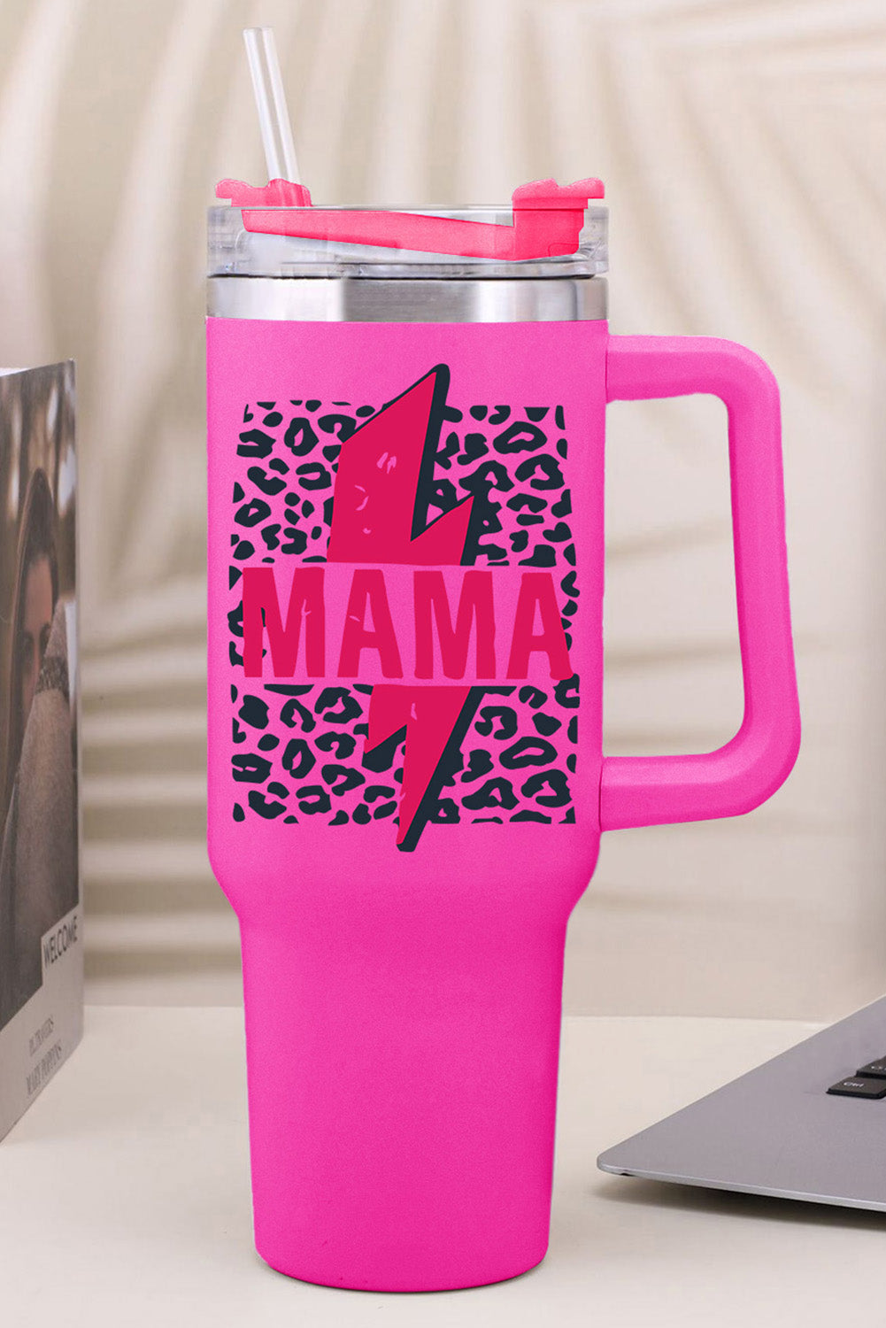 Mama Lightning Leopard Print Straw Stainless Steel Insulate Cup 40oz
