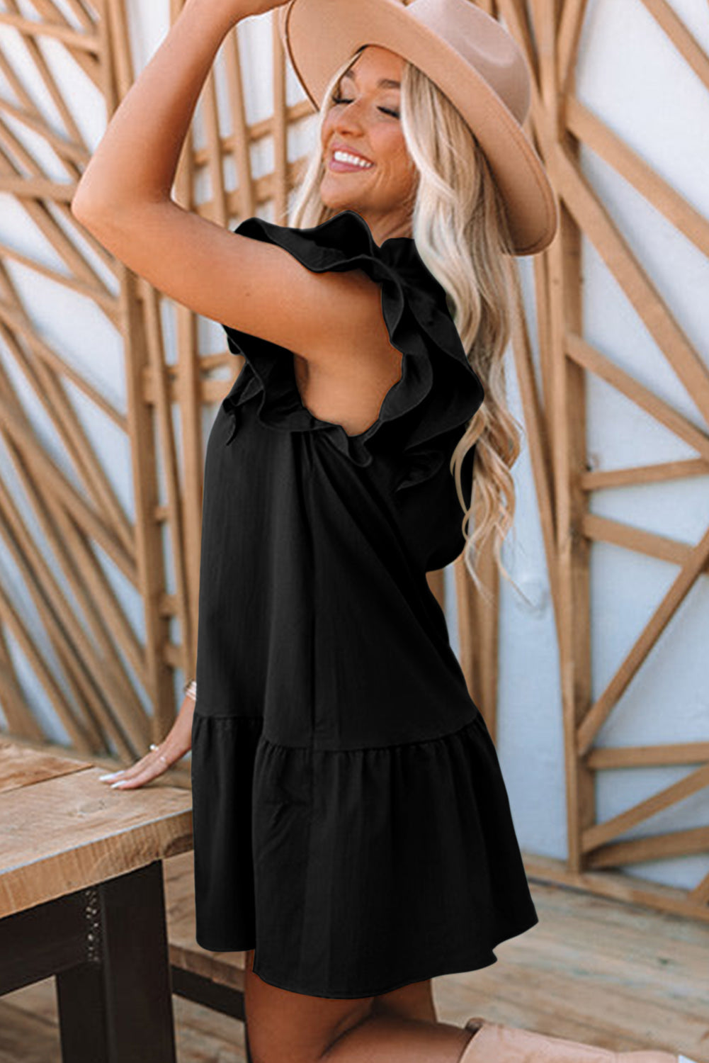 Black Tiered Ruffled Sleeves Mini Dress with Pockets