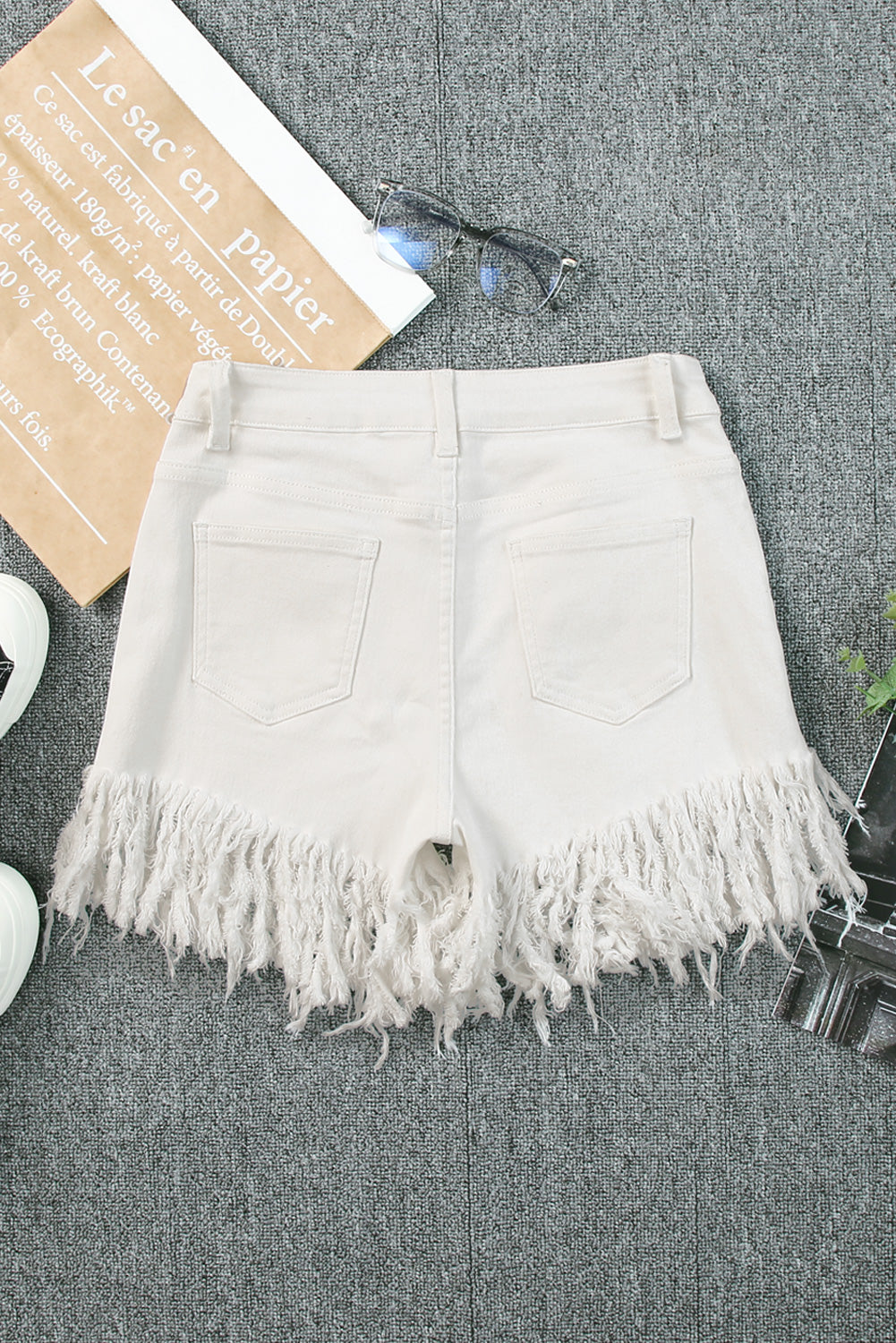 Beige Tassel Sequin Distressed High Waist Denim Shorts