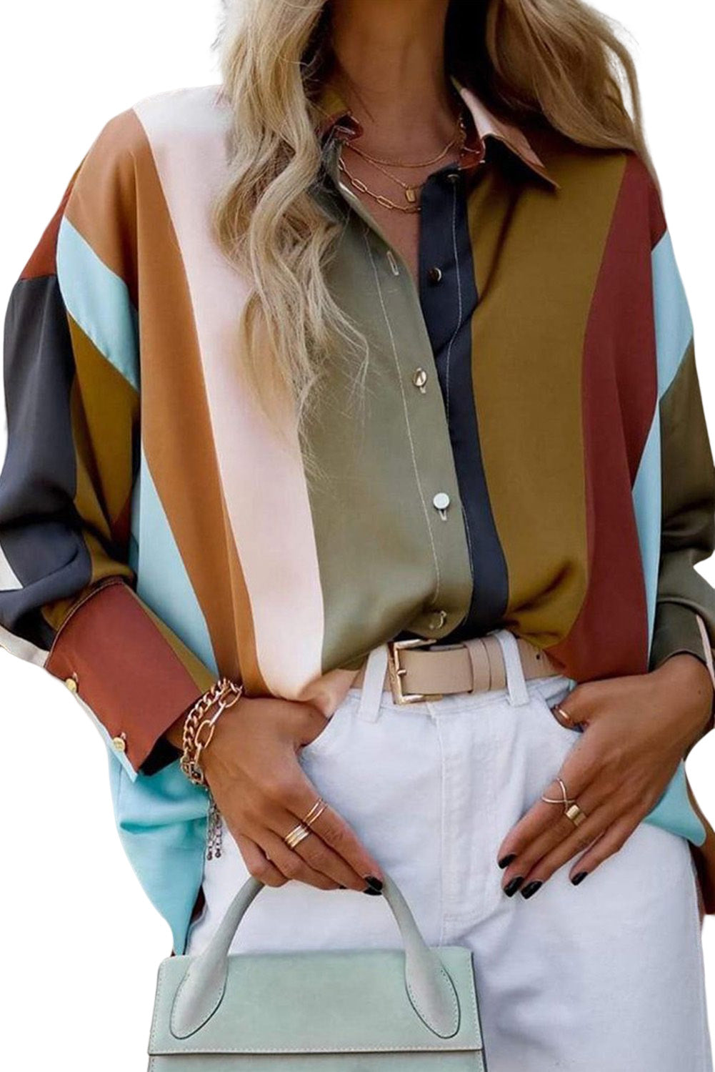 Multicolor Stripe Color Block Oversized Long Sleeve Shirt