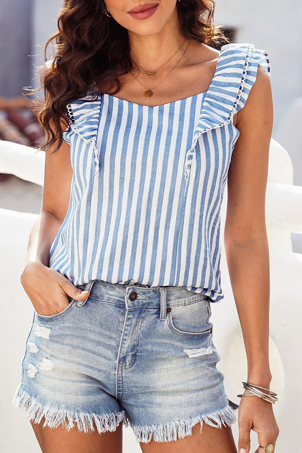 Striped Tie Back Ruffle Trim Tank Top