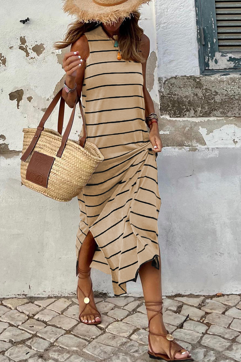Khaki Stripe Print Open Back Sleeveless Maxi Dress with Slits
