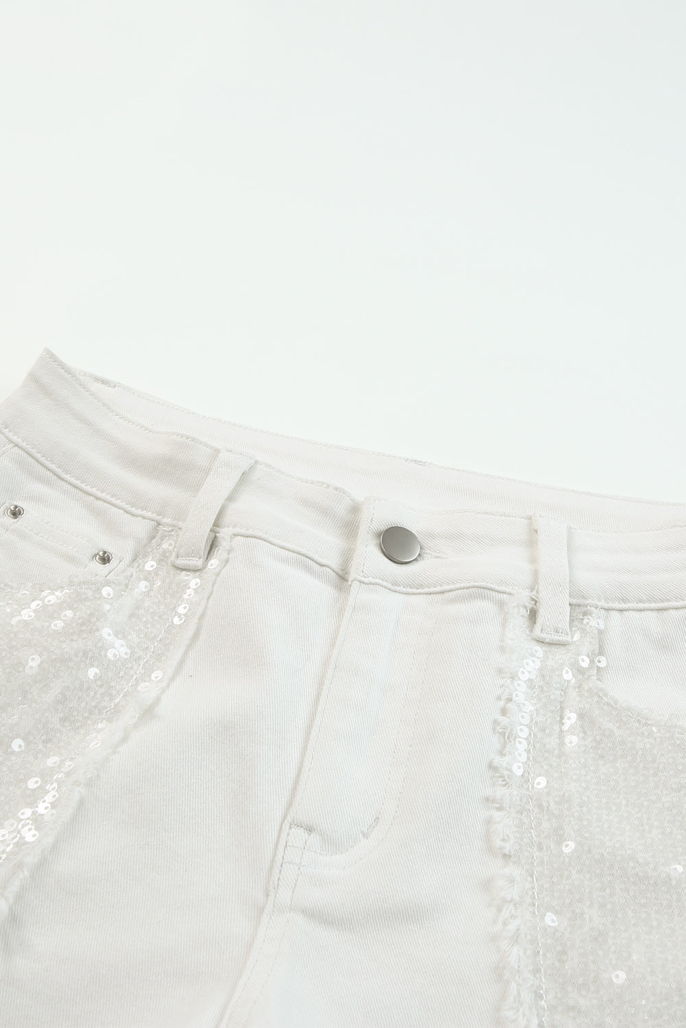 Beige Tassel Sequin Distressed High Waist Denim Shorts