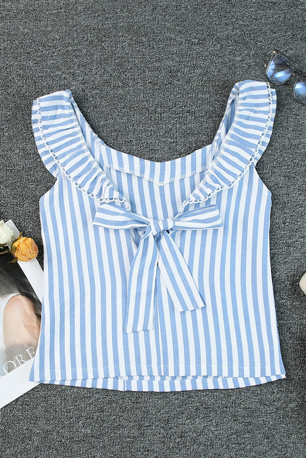 Striped Tie Back Ruffle Trim Tank Top